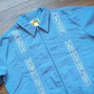 The‎ Genuine Haband Guayabera Short Sleeve Zipper Shirt Cuban Blue Embroidered L